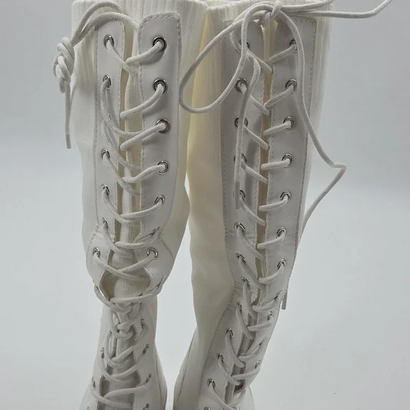 Women's White Knee-High Lace-Up Boots PU and Knit Material New - Picture 10 of 16